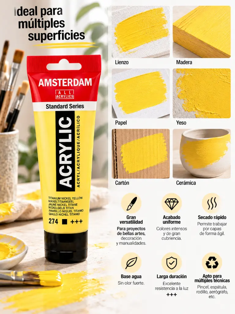 Usos y superficies Acrílico Amsterdam Standard Series Amarillo Níquel Titanio 274