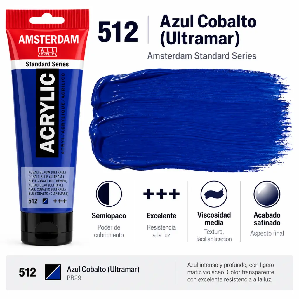 Características Acrílico Amsterdam Standard Series Azul Cobalto (Ultramar) 512