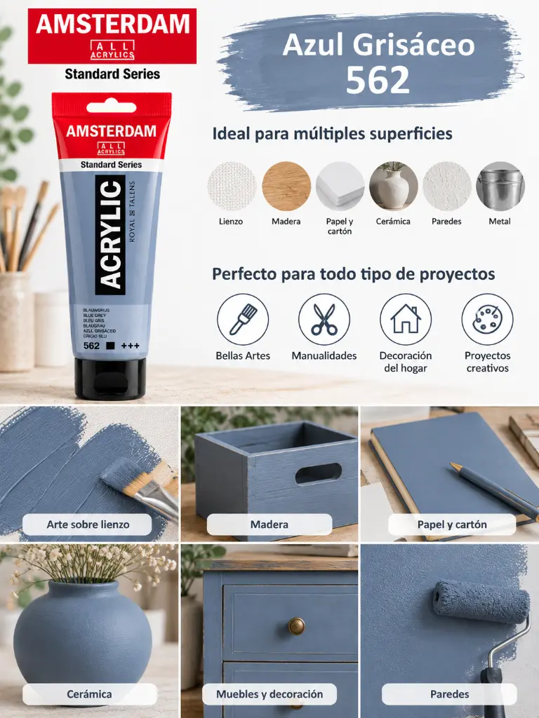 Usos y superficies Acrílico Amsterdam Standard Series Azul Grisáceo 562