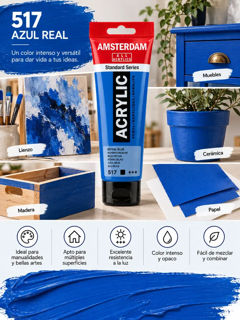 Usos y superficies Acrílico Amsterdam Standard Series Azul Real 517