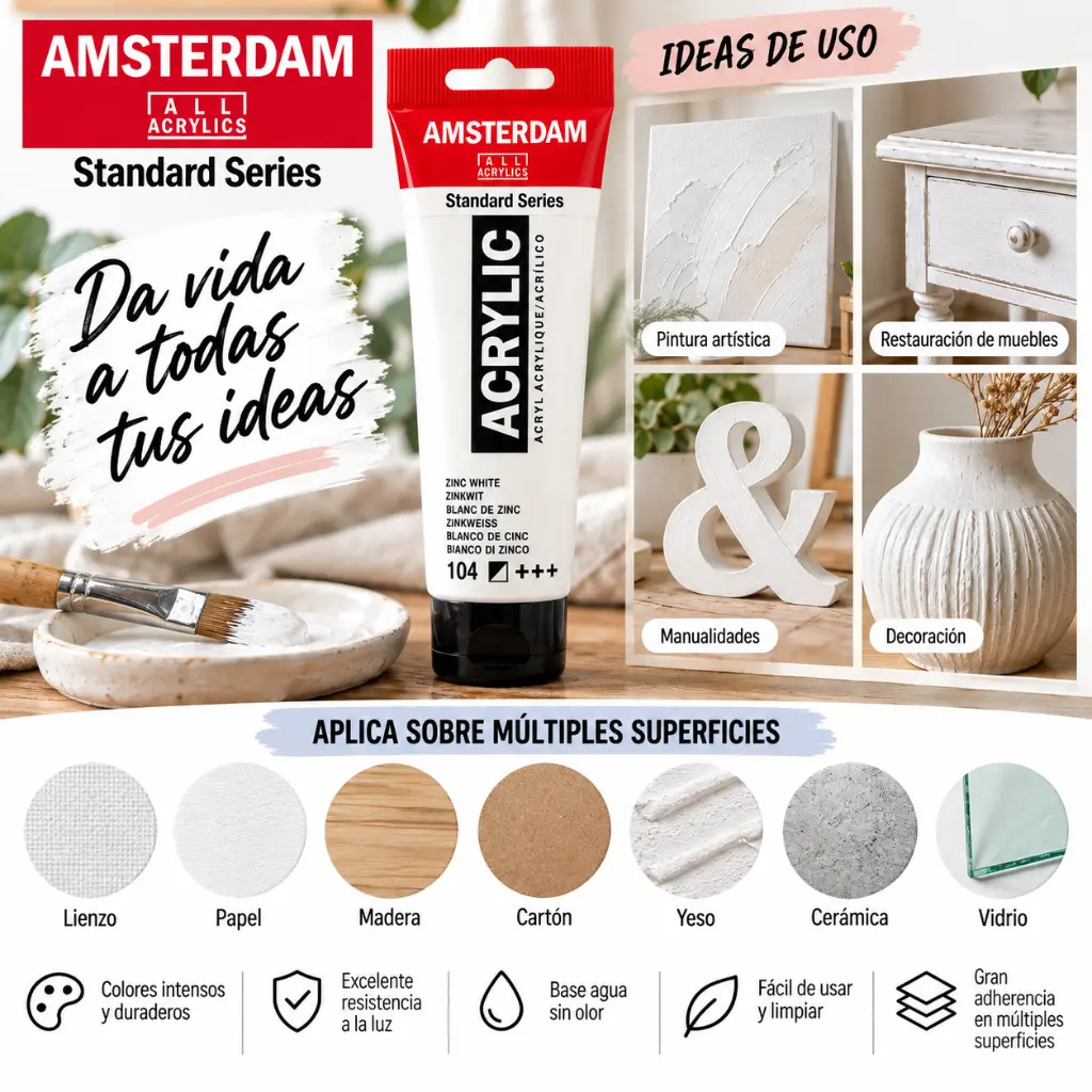 Usos y superficies Acrílico Amsterdam Standard Series Blanco de Cinc 104