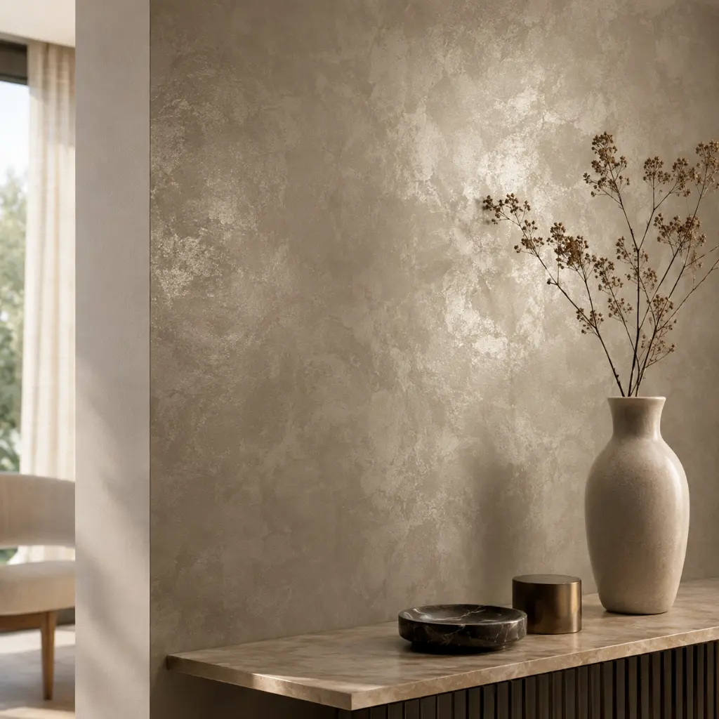 Pared interior decorada con Sahara Jafep efecto aterciopelado metalizado